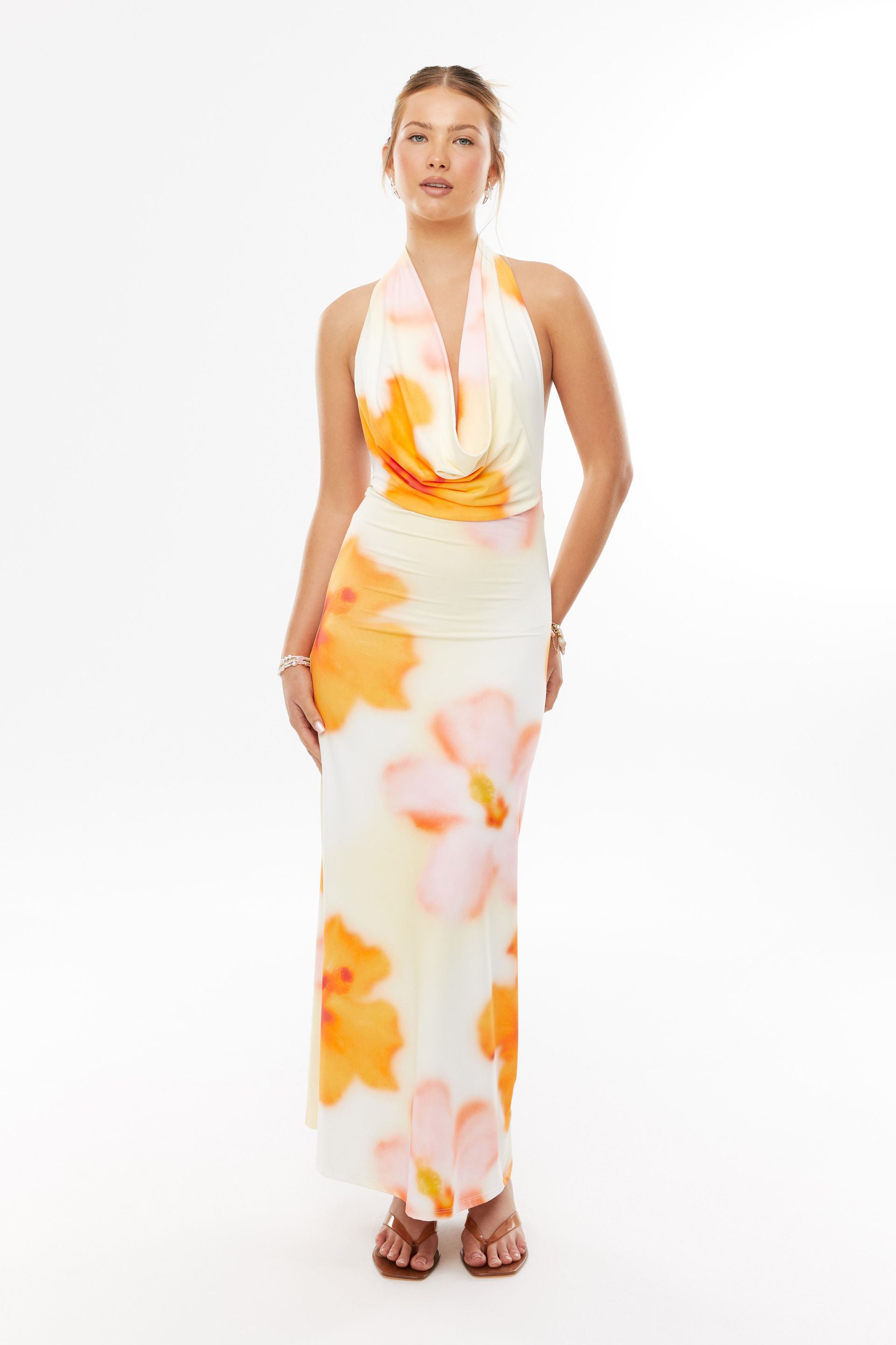 Karina Super Smooth Cowl Maxi Dress yellow blur hibiscus