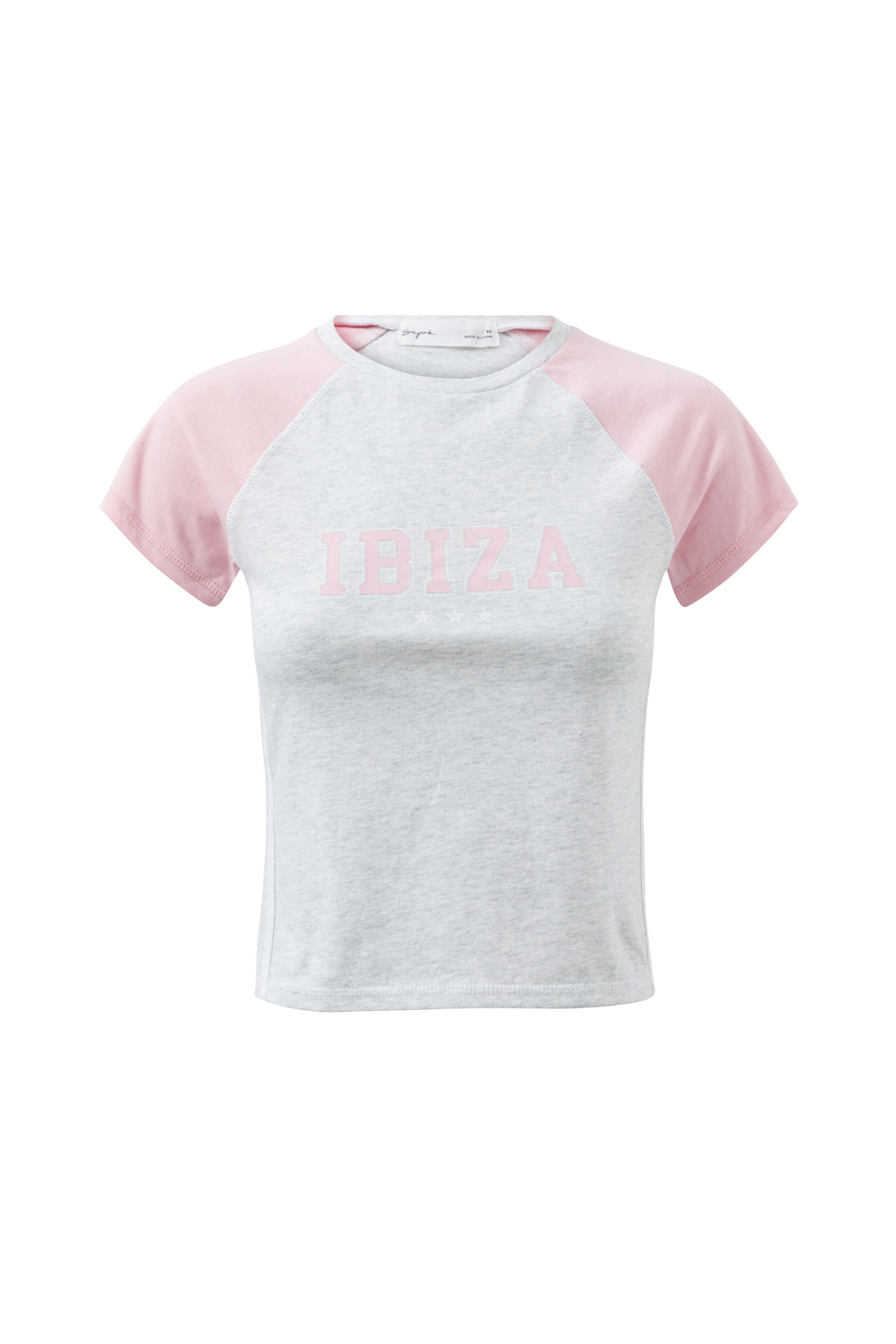 Rory Raglan Graphic Tee light grey marle & pink/ibiza